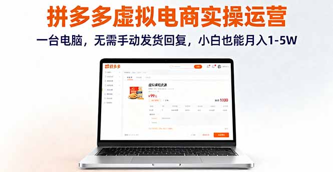 拼多多虚拟电商实操运营，一台电脑，无需手动发货回复，小白也能月入1-5W-赚钱网