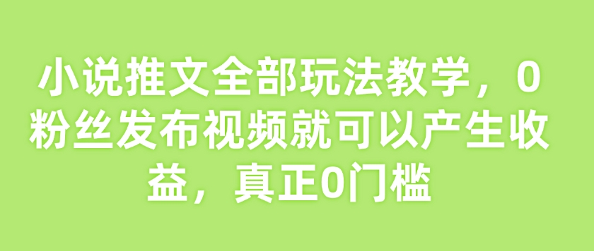 小说推文全部玩法教学，0粉丝发布视频就可以产生收益，真正0门槛-赚钱网