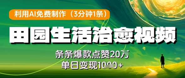 利用AI免费制作田园生活治愈视频，条条爆款点赞20W，单日变现几张-赚钱网