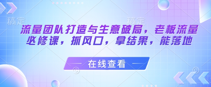 流量团队打造与生意破局，老板流量必修课，抓风口，拿结果，能落地-赚钱网