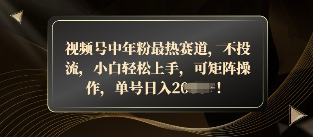 视频号中年粉最热赛道，不投流，小白轻松上手，可矩阵操作-赚钱网