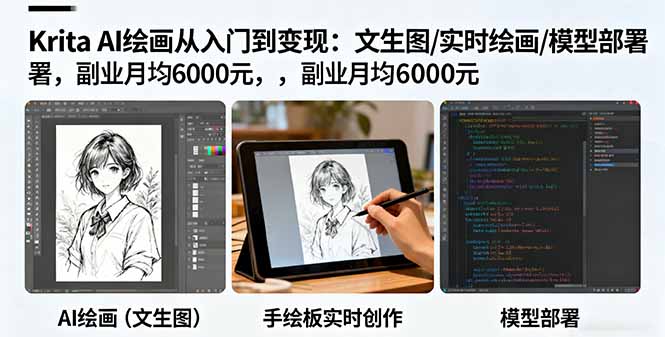 Krita AI绘画从入门到变现：文生图/实时绘画/模型部署，副业月均6000元-赚钱网
