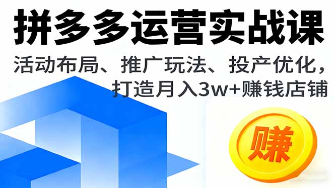 拼多多运营实战课，活动布局、推广玩法、投产优化，打造月入3w+赚钱店铺-赚钱网