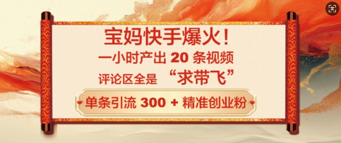 宝妈快手爆火，一小时产出 20 条视频，评论区全是 “求带飞”，单条引流 300 + 精准创业粉-赚钱网