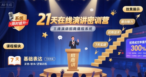 21天在线演讲密训营，王牌演讲招商课程系统-赚钱网