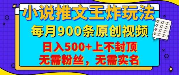 小说推文王炸玩法，一键代发，每月最多领900条原创视频，播放量收益日入5张，无需粉丝，无需实名【揭秘】-赚钱网