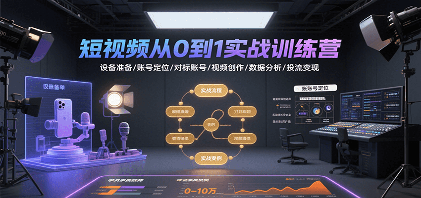 短视频从0到1实战训练营：设备准备/账号定位/对标账号/视频创作/数据分析/投流变现-赚钱网