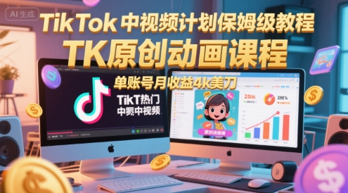 TikTok中视频计划保姆级教程，TK原创动画课程，单账号月收益4k美刀-赚钱网