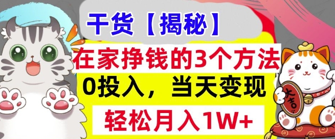 在家挣钱的3个方法，0投入，当天变现，轻松月入过W-赚钱网