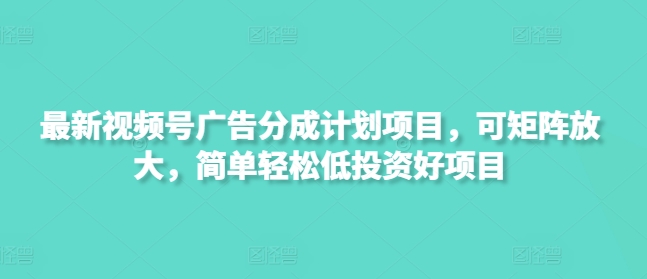 最新视频号广告分成计划项目，可矩阵放大，简单轻松低投资好项目-赚钱网