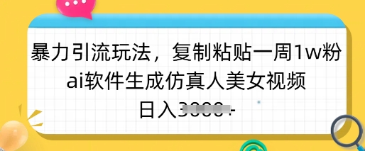 暴力引流玩法，复制粘贴一周1w粉，ai软件生成仿真人美女视频，日入多张-赚钱网