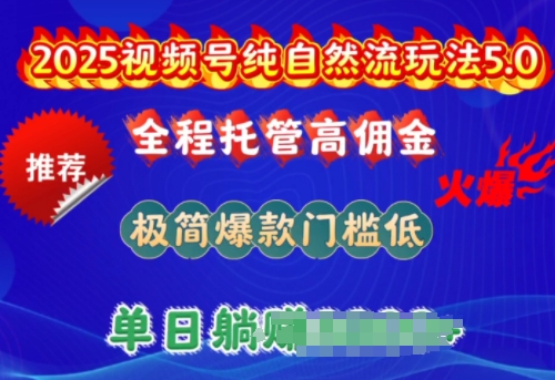 2025视频号纯自然流玩法5.0，全程托管高佣金，极简爆款门槛低，单日收益多张【揭秘】-赚钱网