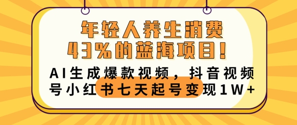 年轻人养生消费43%的蓝海项目，AI生成爆款视频，抖音视频号小红书七天起号变现1w-赚钱网