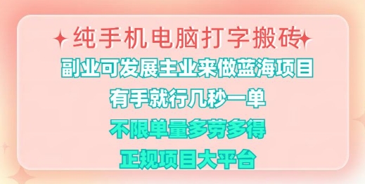 纯手机电脑打字搬砖，有手就行，几秒一单，多劳多得，正规项目大平台【揭秘】-赚钱网