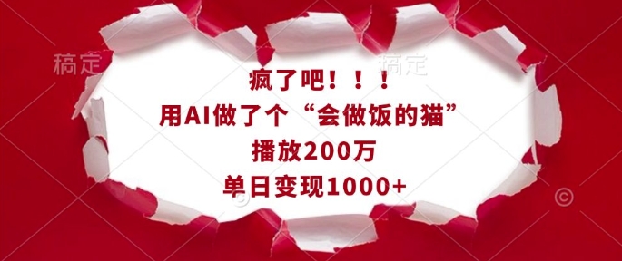 疯了吧！用AI做了个“会做饭的猫”，播放200万，单日变现1k-赚钱网