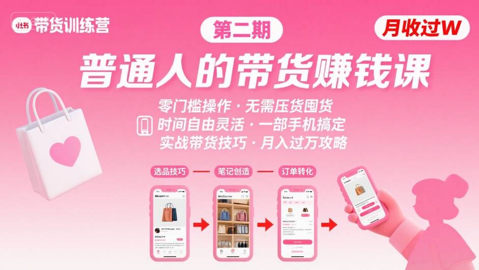 小红书带货第二期训练营，普通人月收过W的带货课，时间自由，零门槛无压货，一部手机即可操作-赚钱网