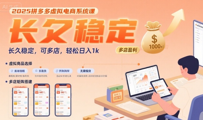 2025拼多多虚拟电商系统课，长久稳定，可多店，轻松日入1k-赚钱网