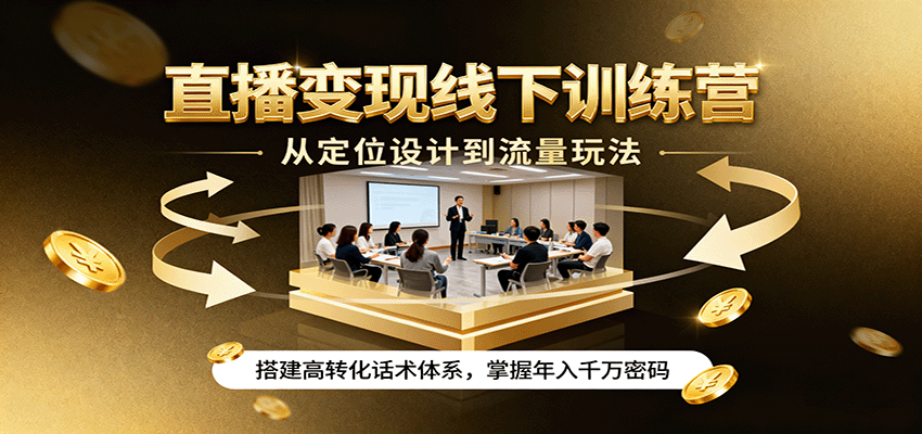 直播变现线下训练营，从定位设计到流量玩法，搭建高转化话术体系，掌握年入千万密码-赚钱网
