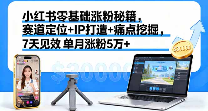 小红书零基础涨粉秘籍，赛道定位+IP打造+痛点挖掘，7天见效 单月涨粉5万+-赚钱网