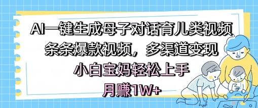 AI一键生成母子对话育儿类视频，条条爆款视频，多渠道变现，小白宝妈轻松上手，月入1W+-赚钱网