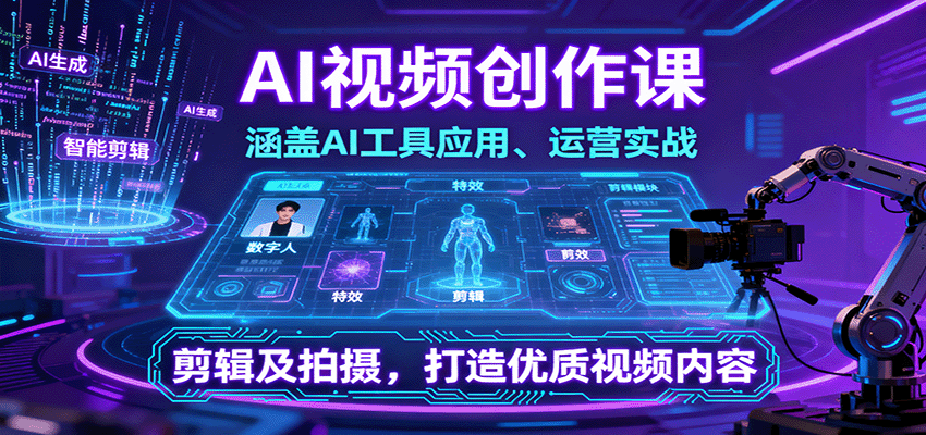 AI视频创作课，涵盖AI工具应用、运营实战、剪辑及拍摄，打造优质视频内容-赚钱网