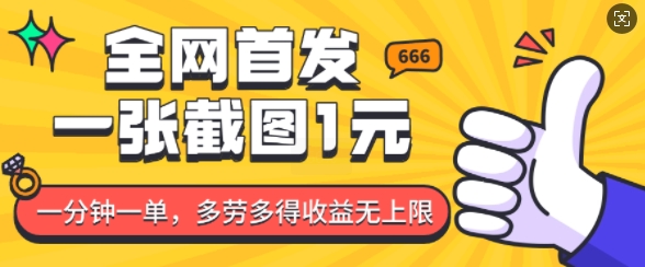 全网首发，一张截图1块钱，一分钟一单，多劳多得，收益无上限-赚钱网