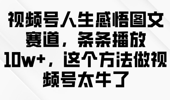视频号人生感悟图文赛道，条条播放10w+，这个方法做视频号太牛了-赚钱网