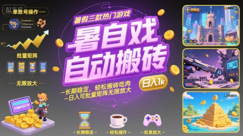 暑假三款热门游戏自动搬砖，长期稳定，轻松搬砖吃肉，日入1k ，可批量矩阵无限放大【揭秘】-赚钱网