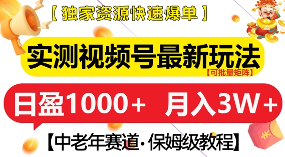 实测视频号最新玩法，中老年赛道，独家资源，月入过W+【揭秘】-赚钱网