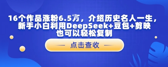 16个作品涨粉6.5W，介绍历史名人一生，新手小白利用DeepSeek+豆包+剪映也可以轻松复制-赚钱网