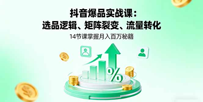 抖音爆品实战课：选品逻辑、矩阵裂变、流量转化，14节课掌握月入百万秘籍-赚钱网