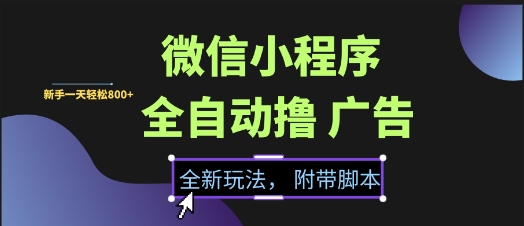 微信小程序全自动撸广告项目，彻底解决没流量的问题，新手一天8张+【揭秘】-赚钱网