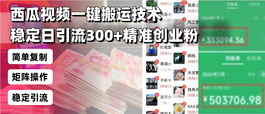 （13961期）西瓜视频一键搬运技术，稳定日引流300+精准创业粉，简单可复制给团队，…-赚钱网