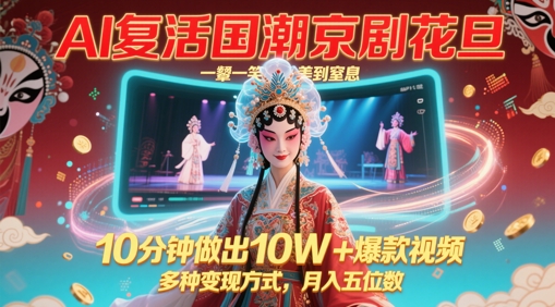 AI复活国潮京剧花旦，一颦一笑美到窒息，10分钟做出10W+爆款视频，多种变现方式，月入五位数-赚钱网