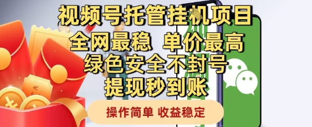 视频号托管挂G项目全网最稳，单价最高，绿色安全不封号提现秒到账，操作简单，收益稳定【揭秘】-赚钱网