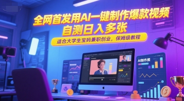 全网首发用AI一键制作爆款视频，自测日入多张，适合大学生宝妈兼职创业，保姆级教程-赚钱网