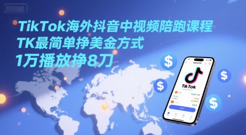 TikTok海外抖音中视频陪跑课程，TK最简单挣美金方式，1万播放挣8刀-赚钱网