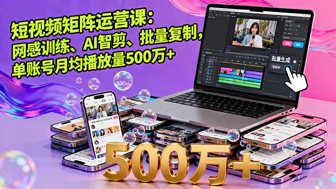 短视频矩阵运营课：网感训练、AI智剪、批量复制，单账号月均播放量500万+-赚钱网